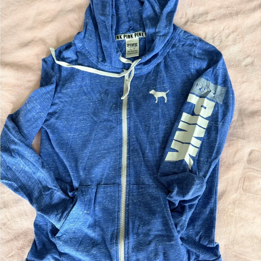 PINK Victoria's Secret Blue Hoodie with White Drawstrings - Picture 4 of 6